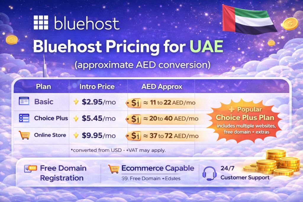 Bluehost hosting pricing in UAE showing basic plus and choice plus plans cost in AED with free domain and support
