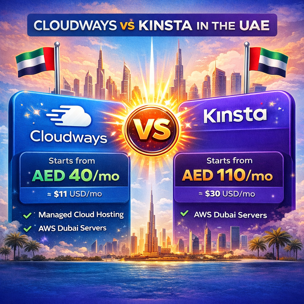 Cloudways vs Kinsta pricing comparison in UAE showing monthly hosting cost difference