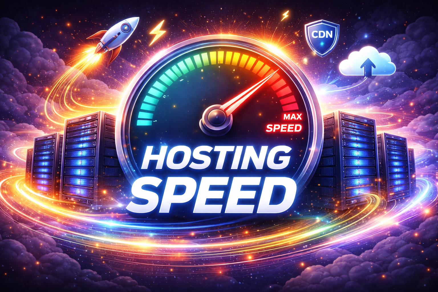 Illustration representing fast web hosting speed with high performance servers and maximum loading speed